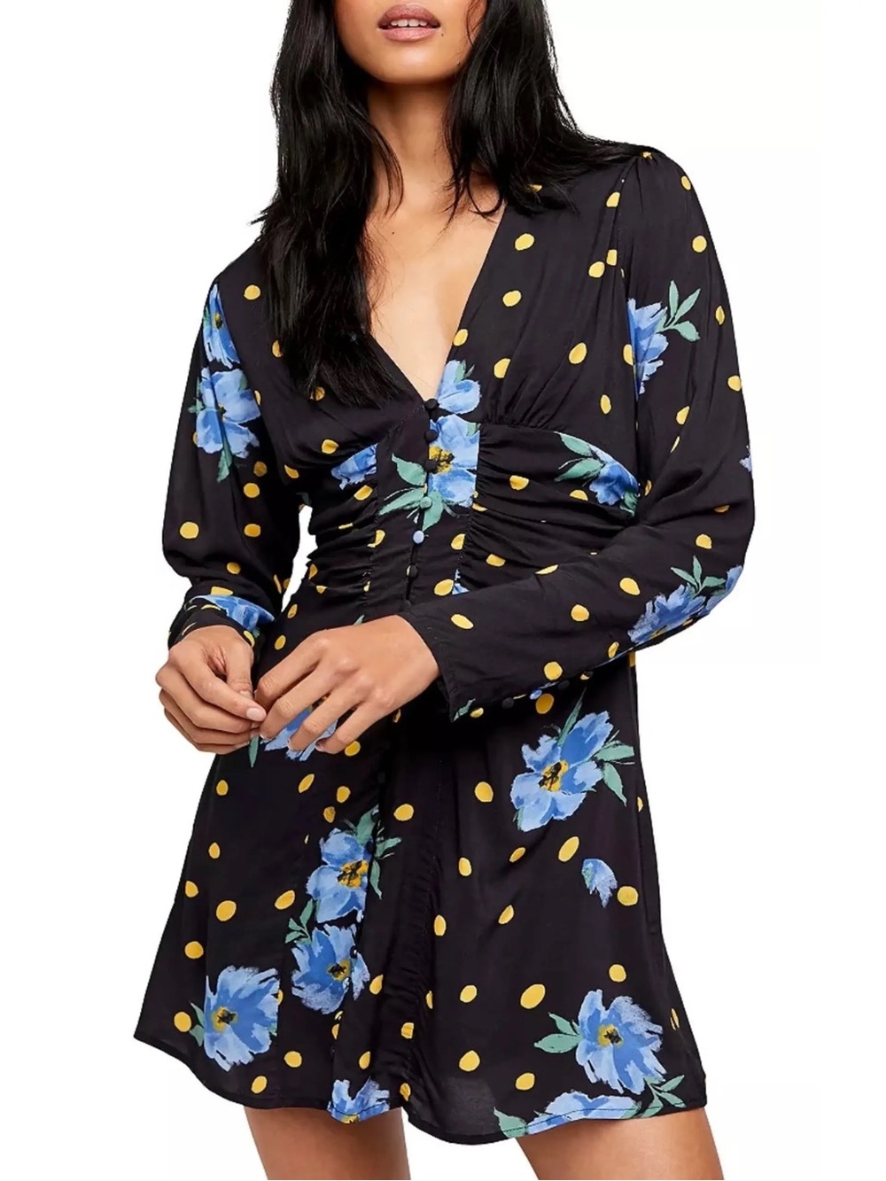 Free People Black Mini Dress with Blue Floral and Yellow Polka Dots